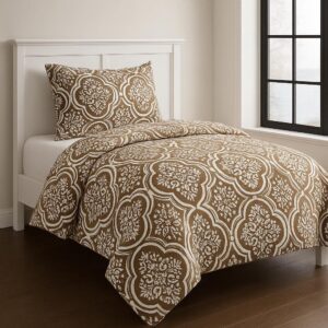 Σετ παπλωματοθήκη και μαξιλαροθήκη 100% Βαμβάκι – Μπεζ με Λευκό Μοτίβο