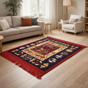 Χαλί Boho Tribal με Κρόσσια Κόκκινο-Μπλε